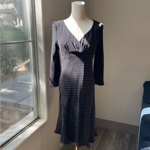 Donna Ricco New York, Size 6, Black and pink polka dot Silk midi dress.
